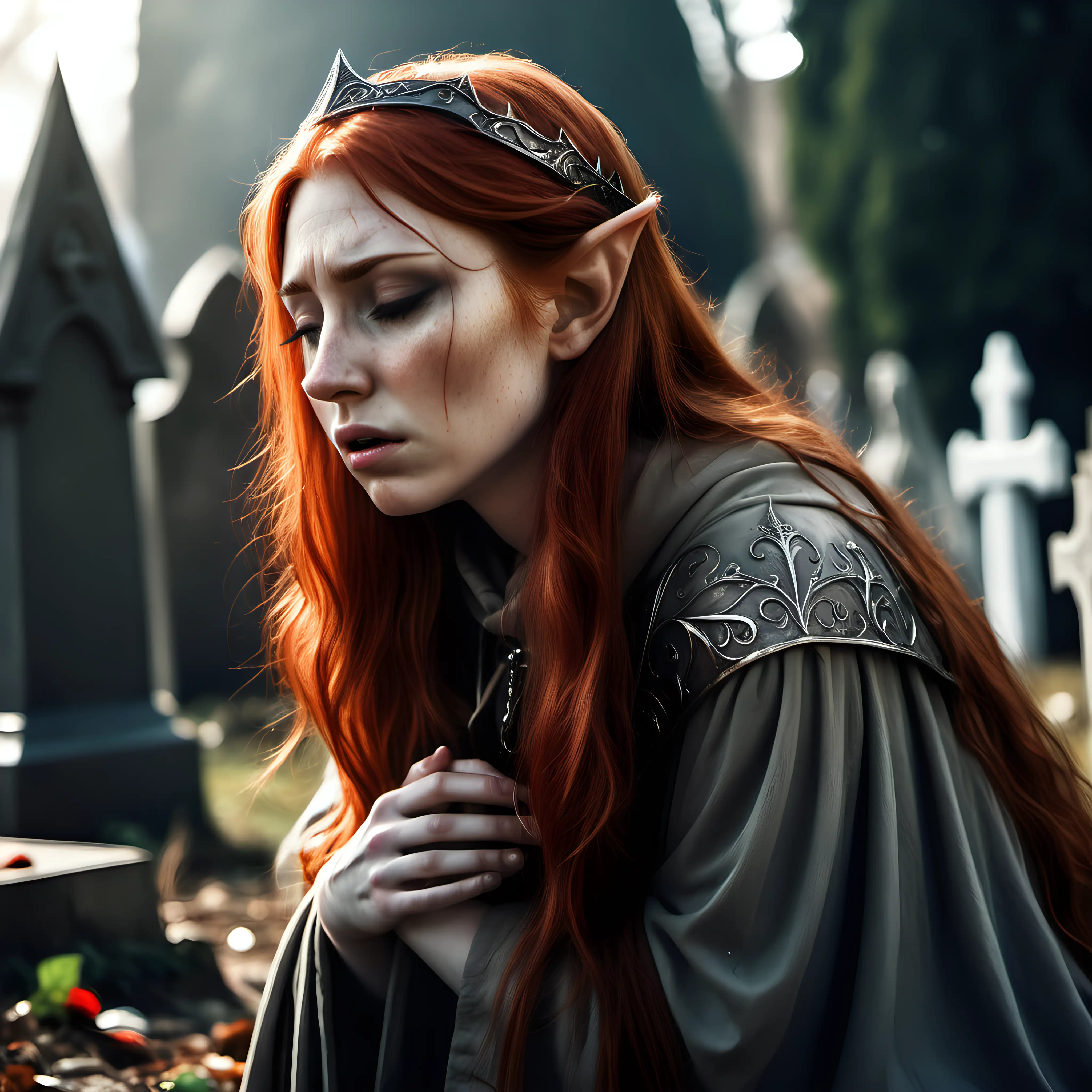 Beautiful curvy elf princess, long red hair, pale freckles skin, pointy ears, crying, tears streaming down face, brown cloak, kneeling at a grave, medieval style, graveyard, side view, closeup portrait, very high detail 