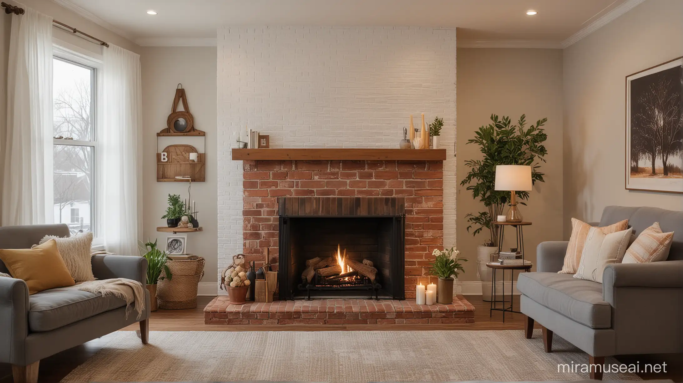 Tungku pembakaran api dari batu bata yang estetik di pojokan ruang keluarga dengan warna cat serta penerangan temaram