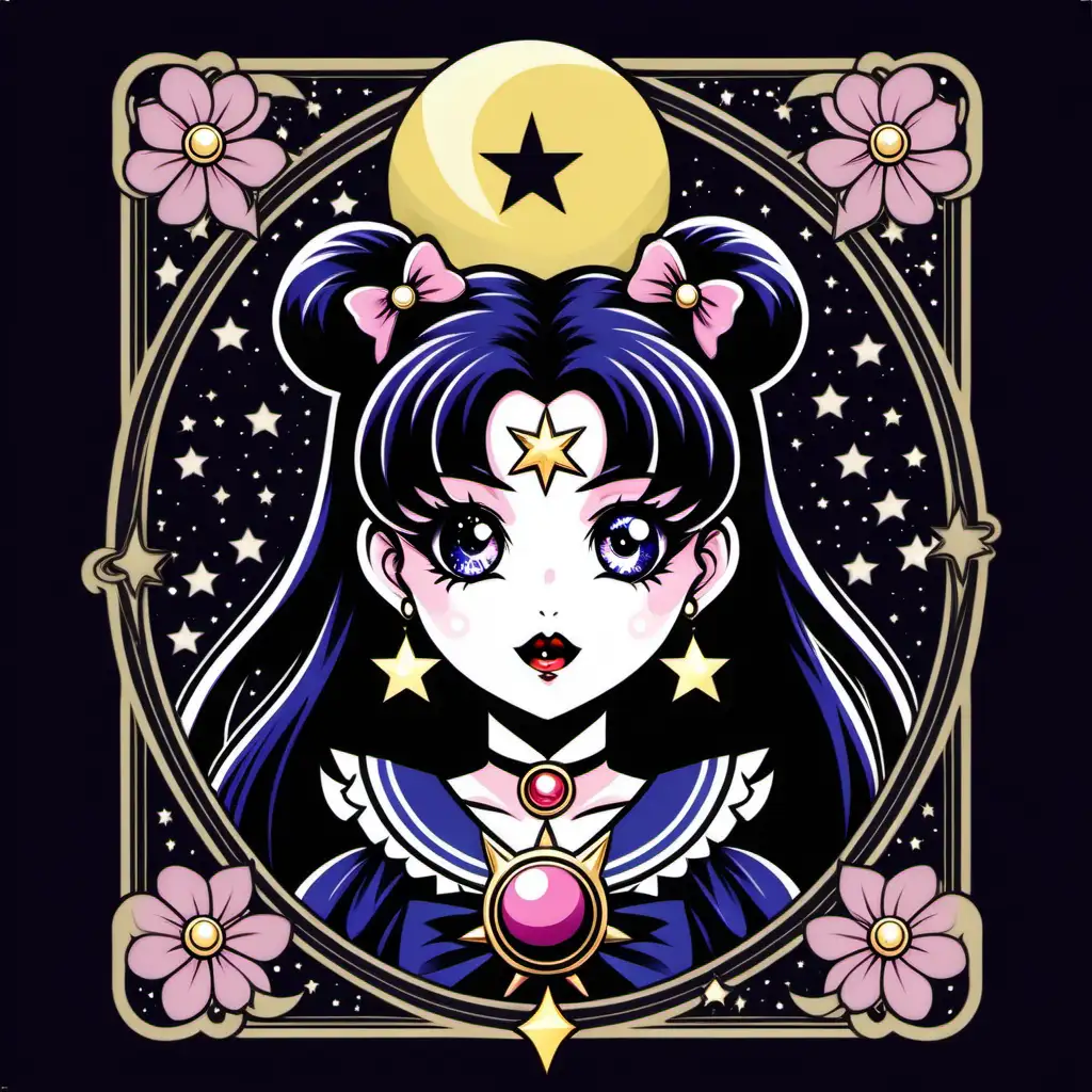 Gothic Sailor Moon Vector Illustration Vintage Tarot Card Style with Kuromi Influence