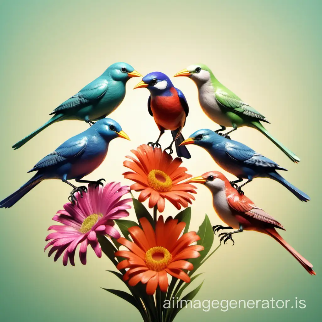 Six birds give flowers to each other