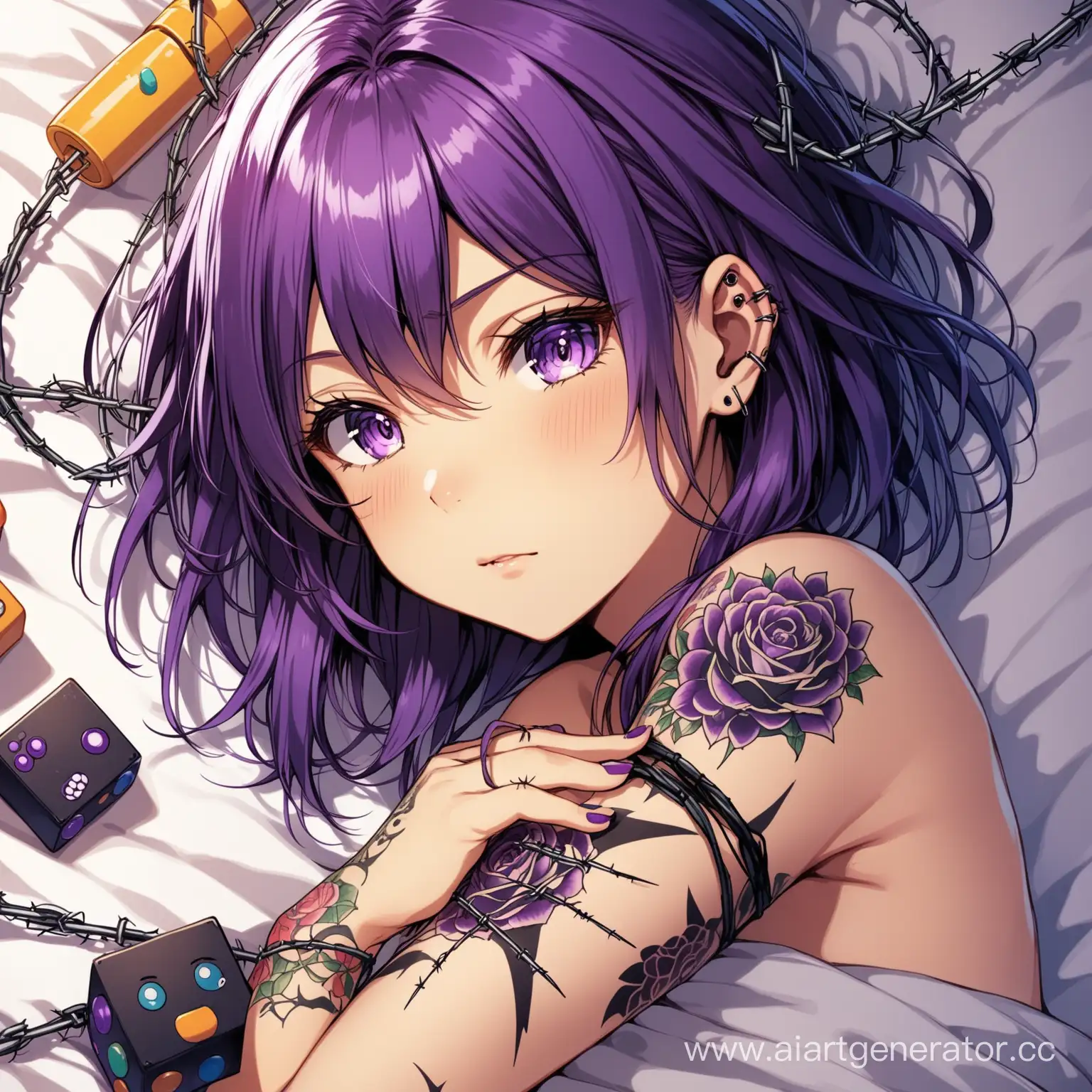 сгенерируй аниме девочку с черно фиолетовыми волосами и татуировкой проволоки на руке лежащую на кровати с детскими игрушками без пирсинга  