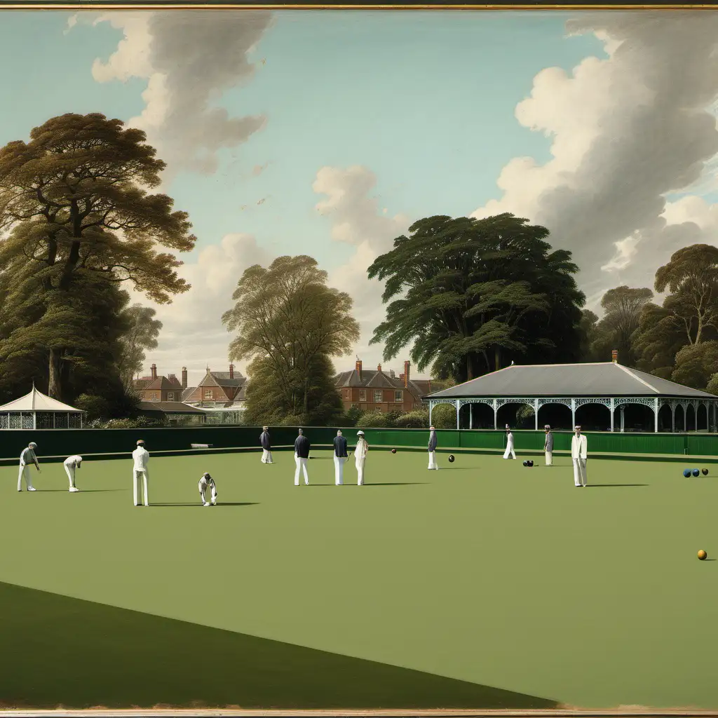 A Picture of lawn Bowls on a green with a pavilion in the background. I the style of Constable.