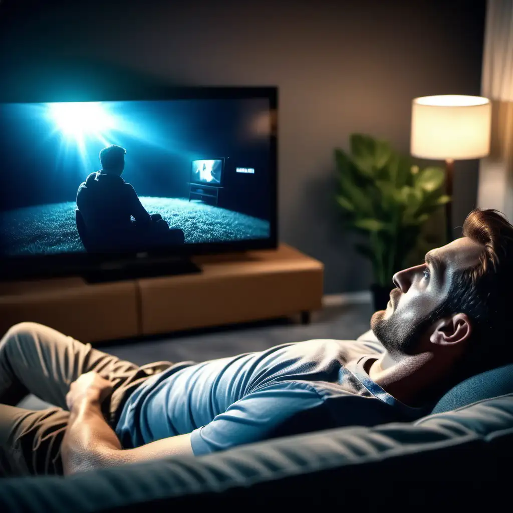 man watching tv, laying on couch, being very comfortable, shot with 4K imax camera, natural lightnning, show that the man is very cozy, and give the attention to the tv in front of him, make it 4K ultra realistic, and like it s a real life picture