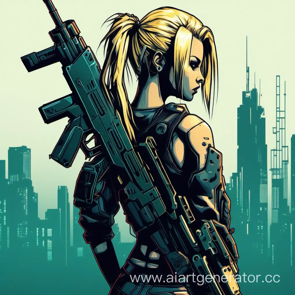 девушка блондинка, стоит спиной, голова смотрит в сторону с оружием в руках, в стиле киберпанк
