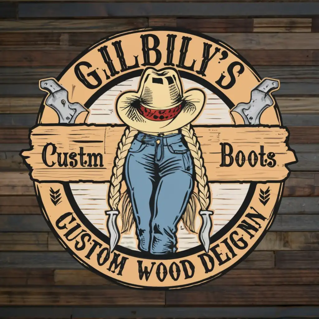 logo, blonde long double braids cowgirl hat jeans and boots and wood tools to side of words, with the text "Gillbilly's Custom Wood Designs", typography