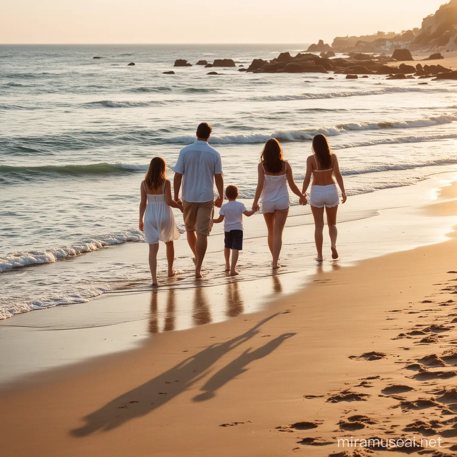 Family Enjoying a Sunny Beach Stroll