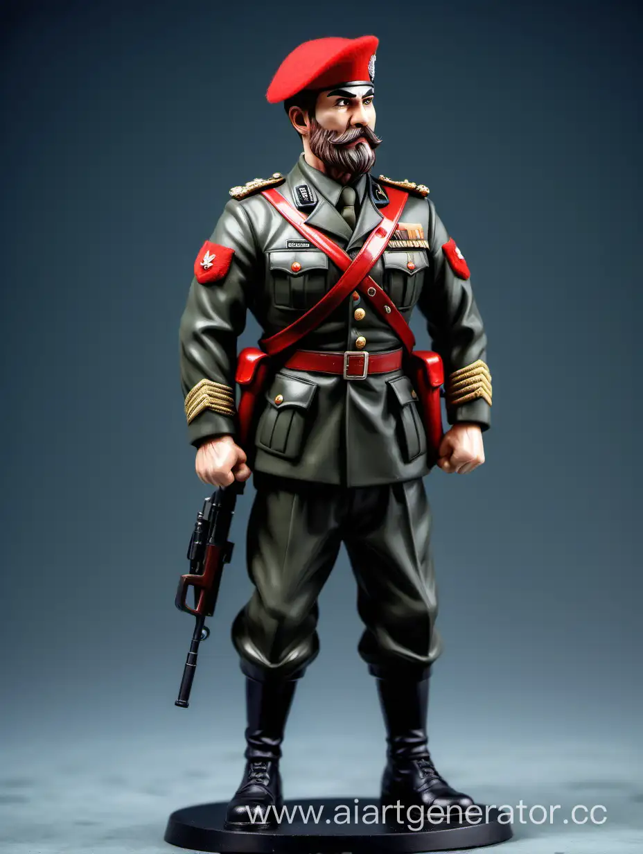 pumped up young general, combat uniform, narrow head, powerful arms and chest, red beret,
 short beard