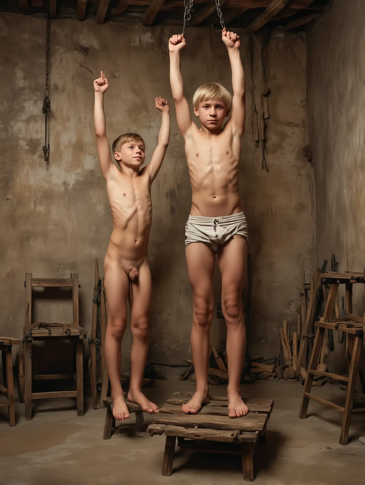 A realistic photo of a 13 years old shirtless, barefooted blonde Russian boy stands with holding his hands up in the air,  waiting for getting hanged by enemy soldiers in a dungeons, face scared with tears facing to the front, He doesn't wear any clothes except his briefs. Front view, wide-range view, feet visible, on left side a stool and a hangman noos hangs from the ceiling