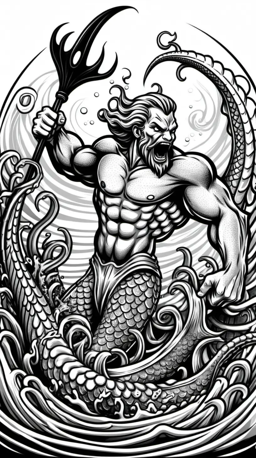 Cartoon Kraken Battling Merman Art with Bold Lines