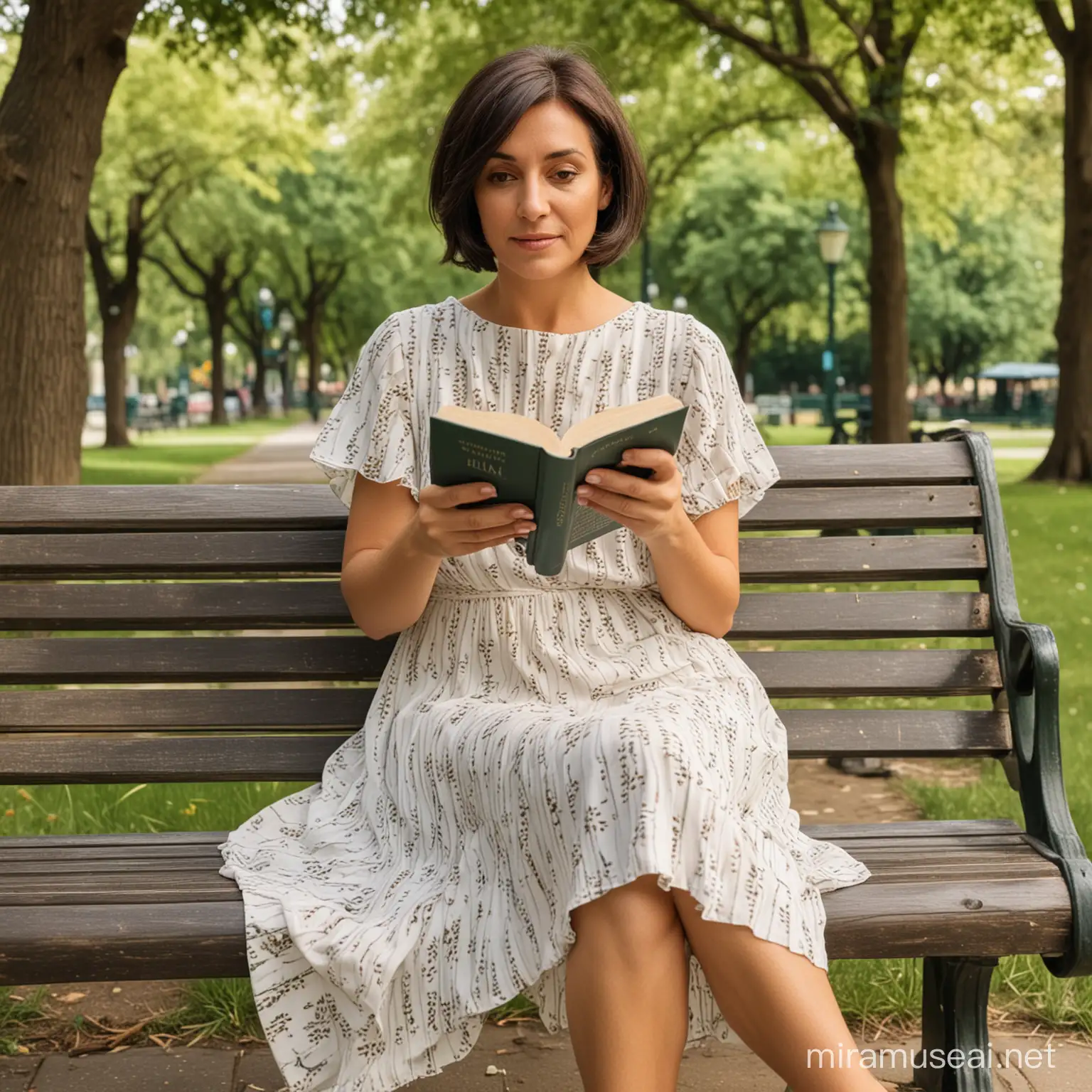 a beautiful middle age greek ethnicity lady with equal length bob haircut, slightly chubby, sitting at a bench in a park in a long breezy summer dress reading a book. 