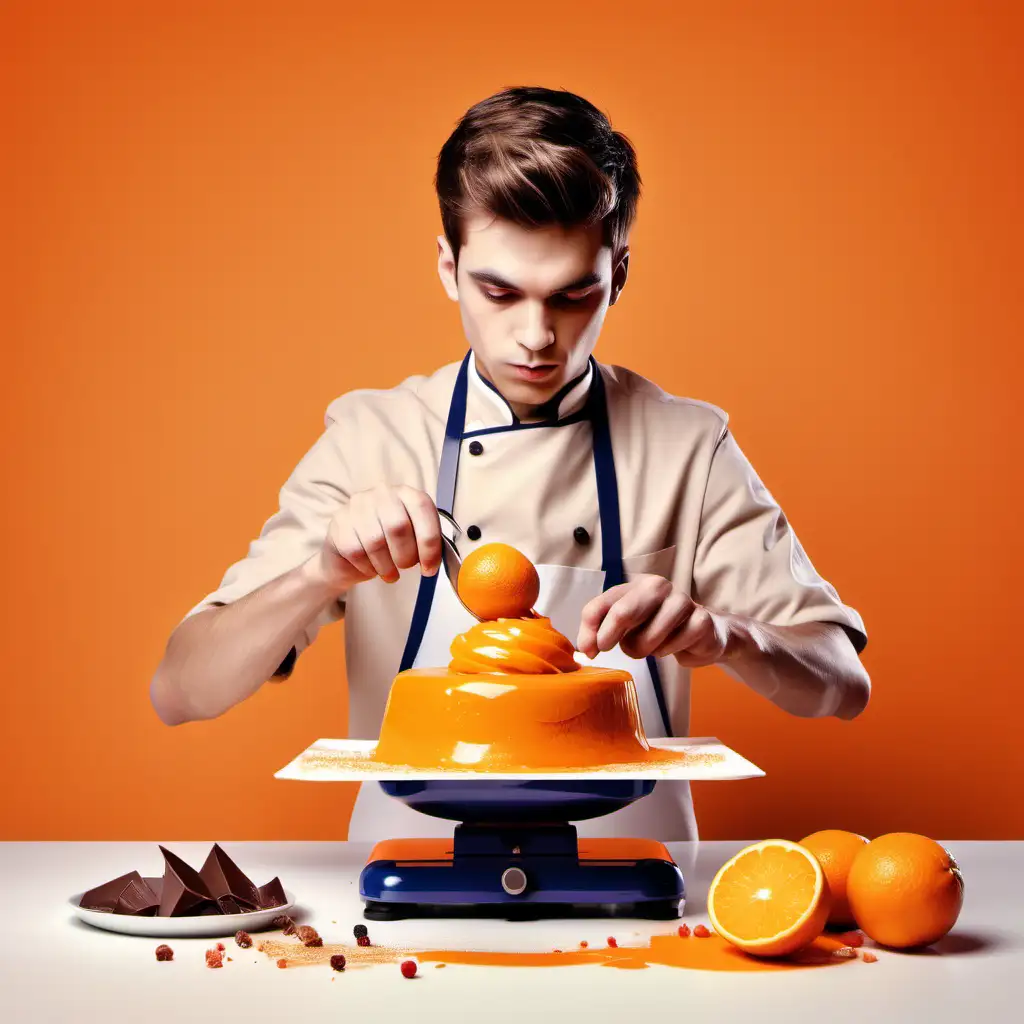 Young Man Creating Dessert on a Vibrant Orange Palette