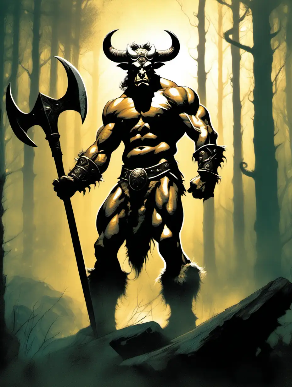 Mighty Minotaur Warrior in Frazetta Style Muscular Hero with DoubleEdged Axe in Mystic Forest