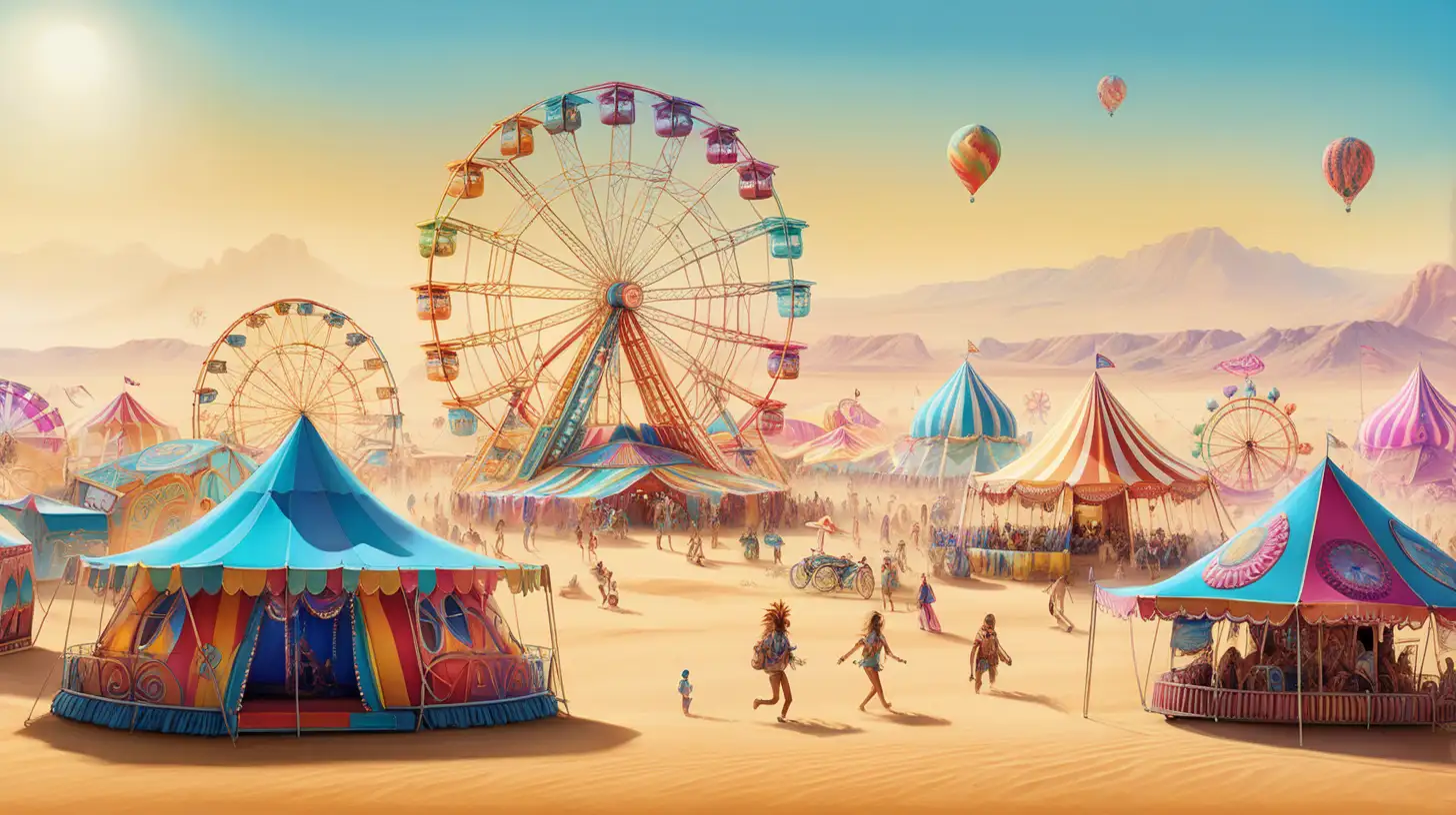 A mirage of a desert carnival, with swirling ferris wheels and kaleidoscopic tents rising from the sands, enveloped in a haze of psychedelic music and laughter.