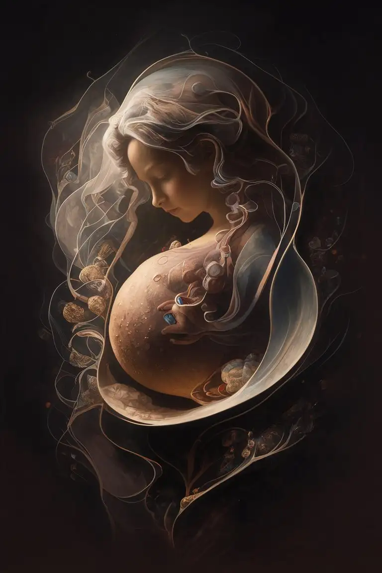 Embark on a miraculous journey of creation as we celebrate the first month of new life. In this captivating artwork, capture the delicate beginnings of pregnancy, where the seed of life takes root and begins to flourish. Utilize soft, ethereal tones and gentle brushstrokes to convey the tender nurturing of the embryo within the womb. Let the artwork exude a sense of awe and wonder, symbolizing the profound miracle of conception. Through the skillful use of light and shadow, evoke a sense of mystery and anticipation as the journey of life unfolds. With inspiration from artists like Leonardo da Vinci and Gustav Klimt, infuse the image with a timeless elegance that captures the essence of this precious moment.