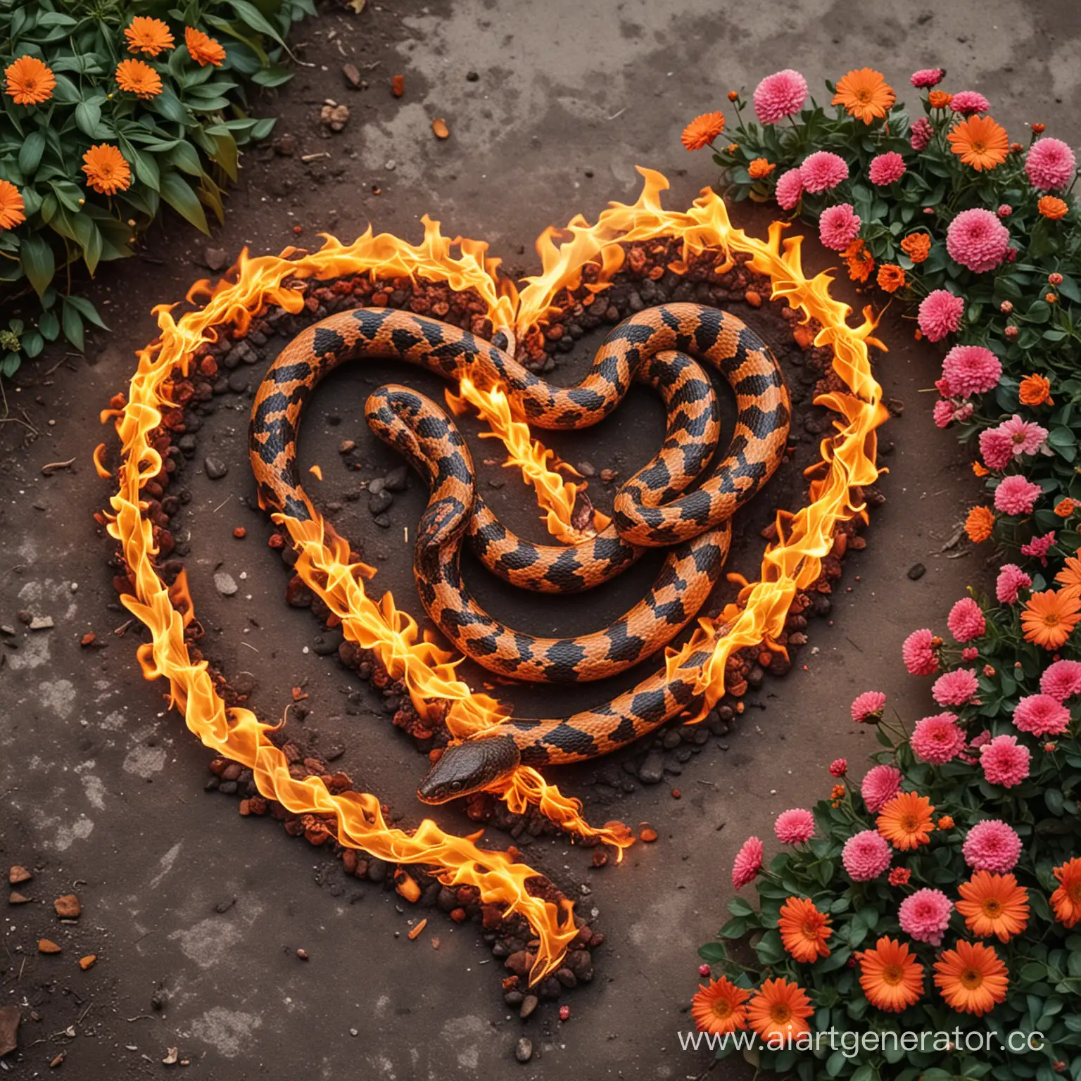 Змея горящая пламенем в форме сердца.На фоне цветы
