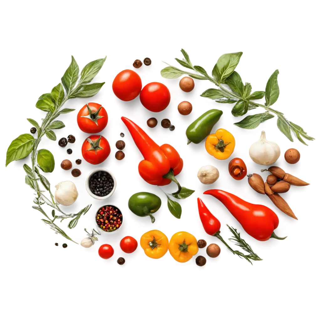 in a circle - spices, cherry tomatoes, peppers, herbs, hot peppers, razmarin, black peppercorns, cardamom, garlic