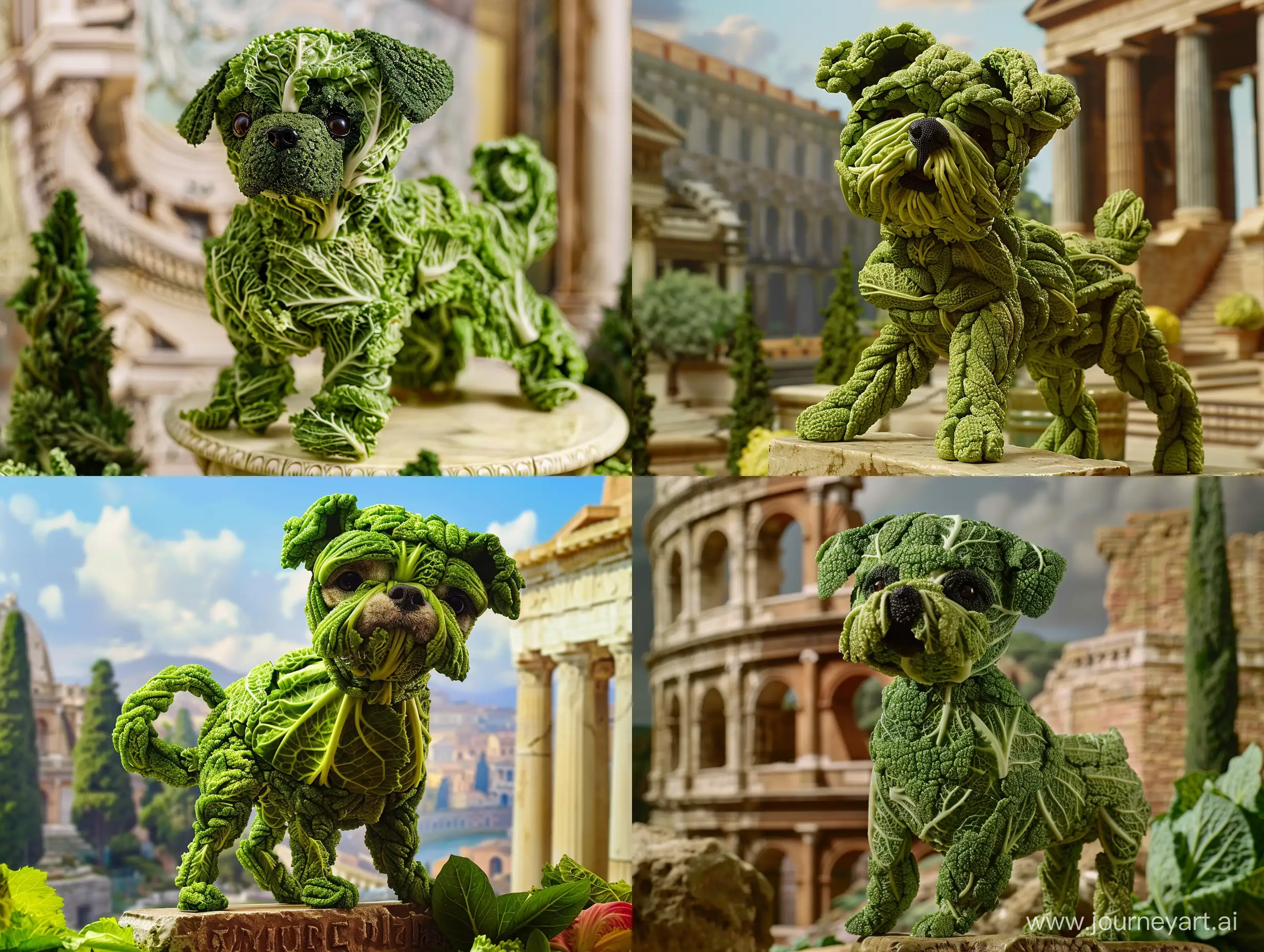 dvd screengrabs a brussels griffon show dog made from green leafy cabbage posing on a poteum close up for a magazine cover