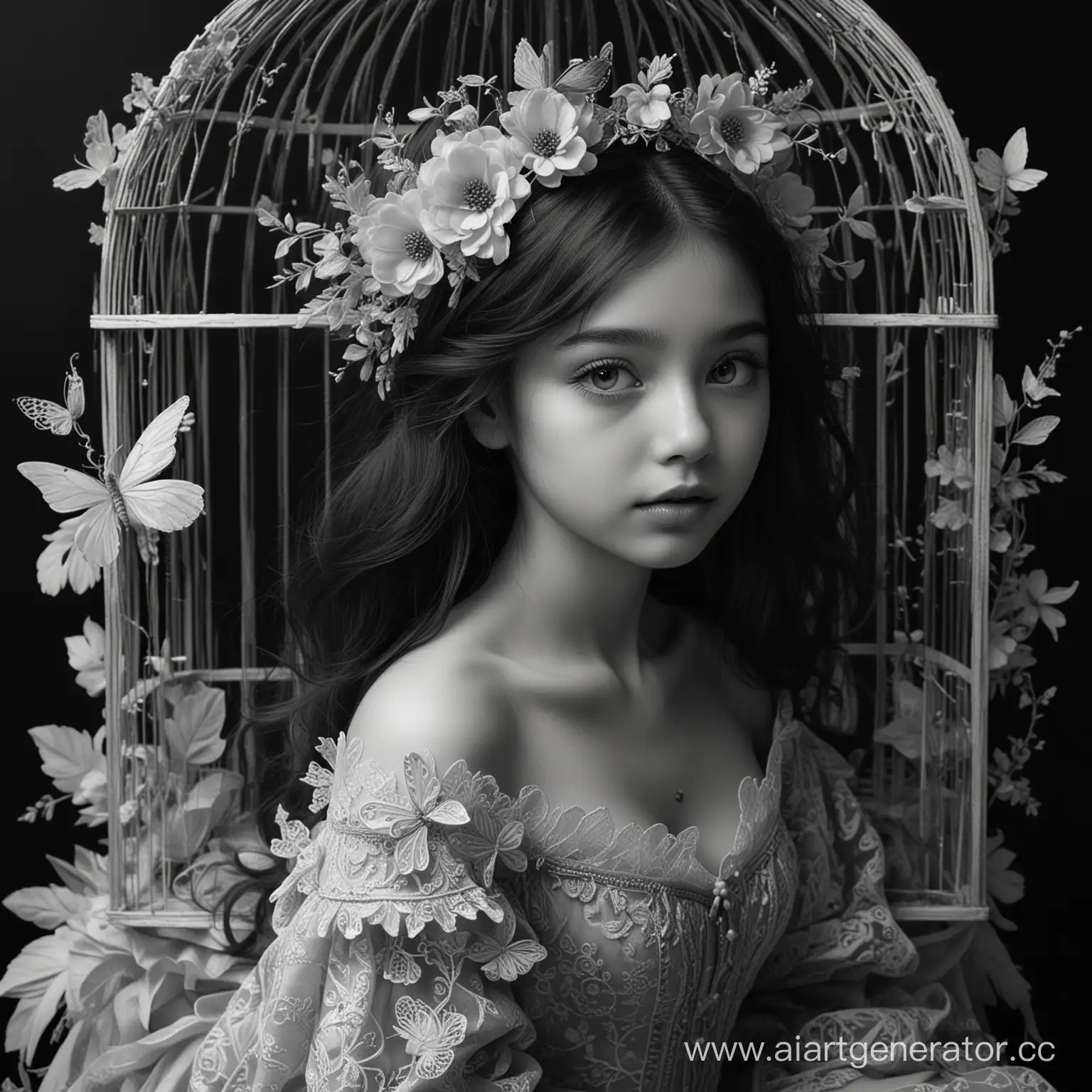 masterpiece.((black background)),greyscale,black and white,
(solo),((an extremely delicate and beautiful monochrome girl sitting on the birdcage)),((extremely detailed eyes and face)) with (black long hair) with (flutter hair) with (headdress) with (expressionless) with (full organdy dress)<glod and silvery embroidery>+(butterfly wings) with (tiny breasts).from side.,
flowing black.(floating petal).,
oil and watercolor painting, <lora:oil_and_watercolor_painting:1> <lora:sd_xl_offset_example-lora_1.0:1> <lora:FF.102.colossusProjectXLSFW_49bExperimental.LORA:1>, ultra quality, ultra detailed

Negative prompt: lowres,bad anatomy,bad hands,text,error,missing fingers,extra digit,fewer digits,cropped,worst quality,low quality,normal quality,jpeg artifacts,signature,watermark,username,blurry,lowres,bad anatomy,bad hands,text,error,extra digit,fewer digits,cropped,worst quality,low quality,normal quality,jpeg artifacts,signature,watermark,username,blurry,ugly,pregnant,vore,duplicate,morbid,mut ilated,tran nsexual,hermaphrodite,long neck,mutated hands,poorly drawn hands,poorly drawn face,mutation,deformed,blurry,bad anatomy,bad proportions,malformed limbs,extra limbs,cloned face,disfigured,gross proportions,(((missing arms))),(((missing legs))),(((extra arms))),(((extra legs))),pubic hair,plump,bad legs,error legs,username,blurry,bad feet
