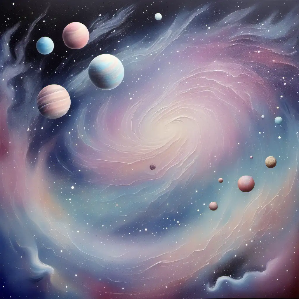 Arty painting ethereal spirit Milky way stars  planets pastel and white colours 