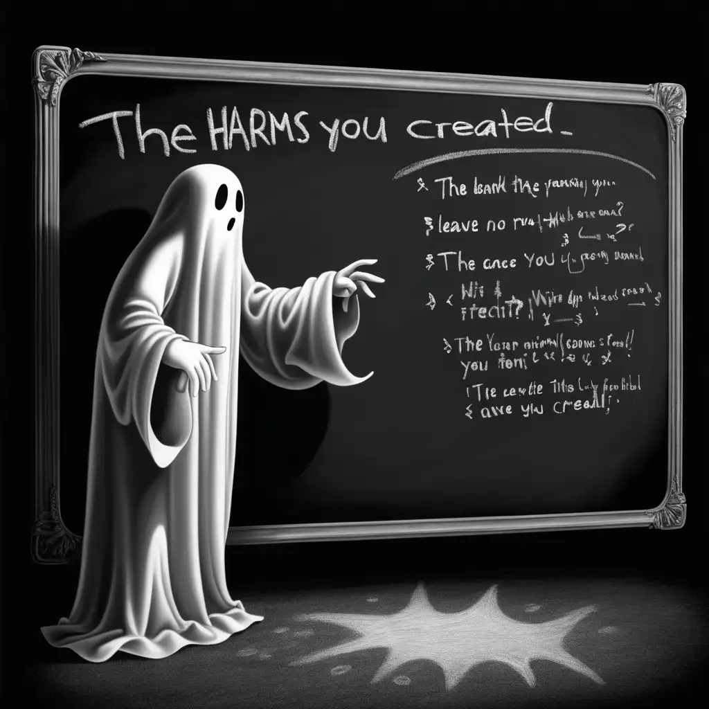 A GHOST writing on a giant chalk board, leave the chalkboard mostly bank but at the top write "The harms you have created". No other text. Please spell correctly.
