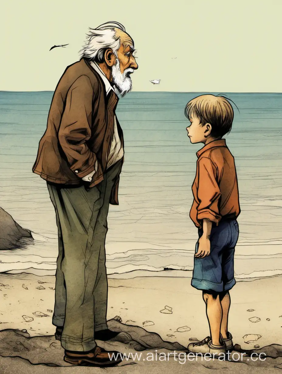 Elderly-Man-Engaging-in-Conversation-with-a-Young-Boy-by-the-Seashore