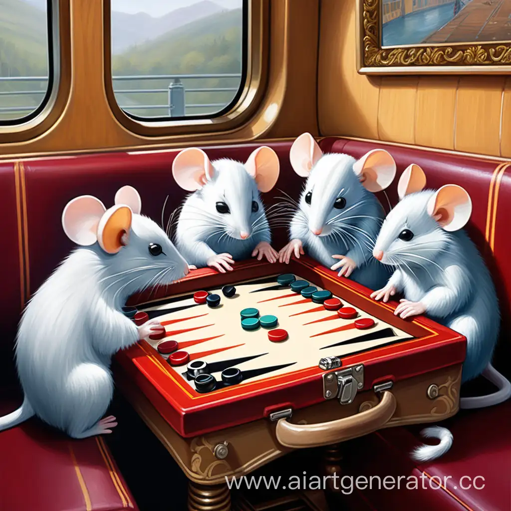6 little mouses play backgammon on the train table,  mouses are little and backgammon is big,  a ultradetailed beautiful,  acrylic painting, digital art, art by Joy Ang