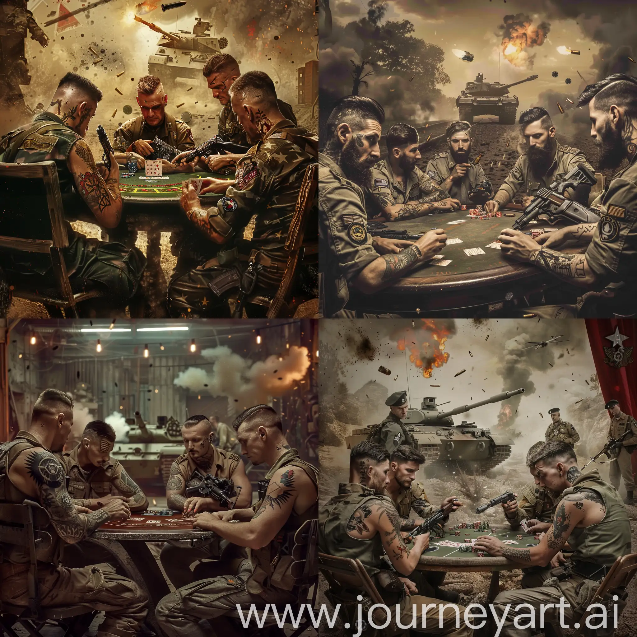 Men are sitting playing poker in military uniforms with tattoos on their shoulders, machine guns in their hands, grenades in the background, a tank is super realistic