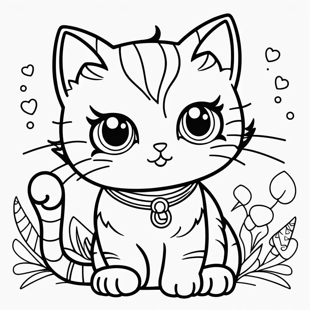 Kawaii Cat Cartoon Coloring Page for Kids with Thick Lines
