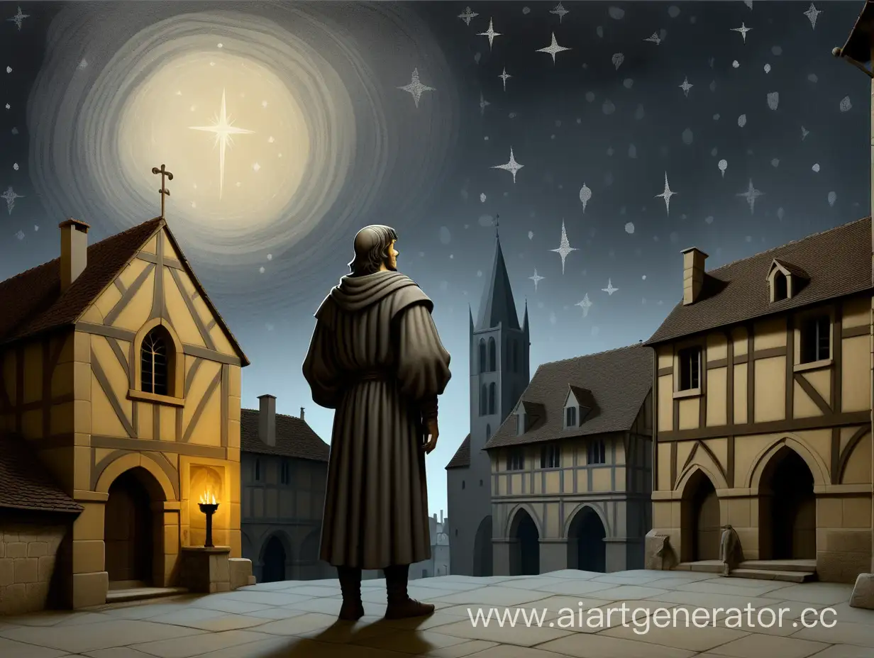 /imagine prompt: A poignant representation of Peter Abelard's birth year, 1079, in Le Pallet, France, featuring a solitary figure standing beneath the starlit sky, the silhouette of medieval buildings in the background, capturing the mystique and wonder of Abelard's early years, Artwork, charcoal drawing on textured paper, --ar 16:9 --v 5




