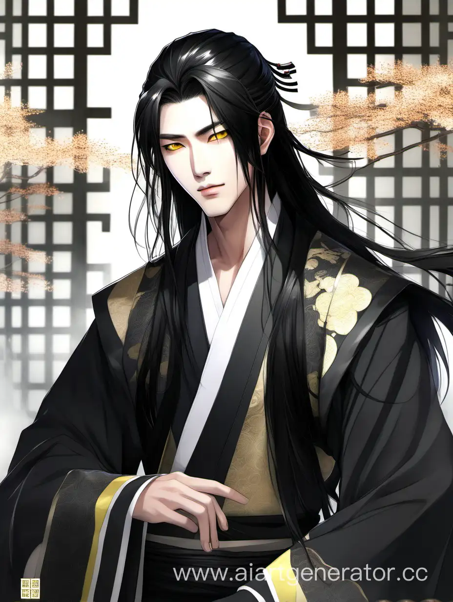 Asian guy with yellow eyes and long black hair in black hanfu
