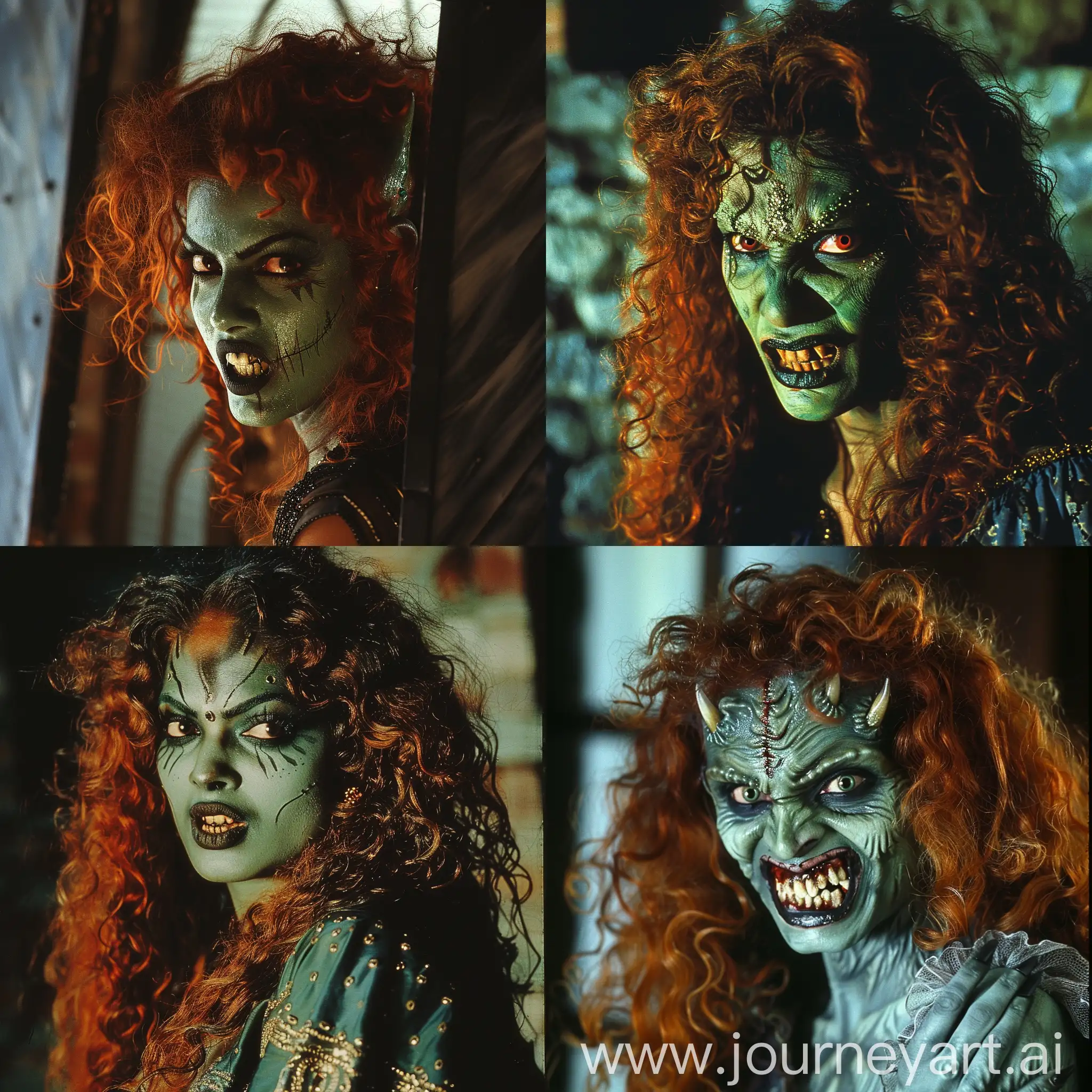 fit female Malayali demon with dark greyish-green skin, curly redhead, attractive green face, enlarged sharp eyebrow ridges and cheekbones, vampire fangs, special makeup effects by Tom Savini, half body shot, film scene from a 1980s horror movie like Evil Dead by Sam Raimi and Demoni by Lamberto Bava, dehydrated