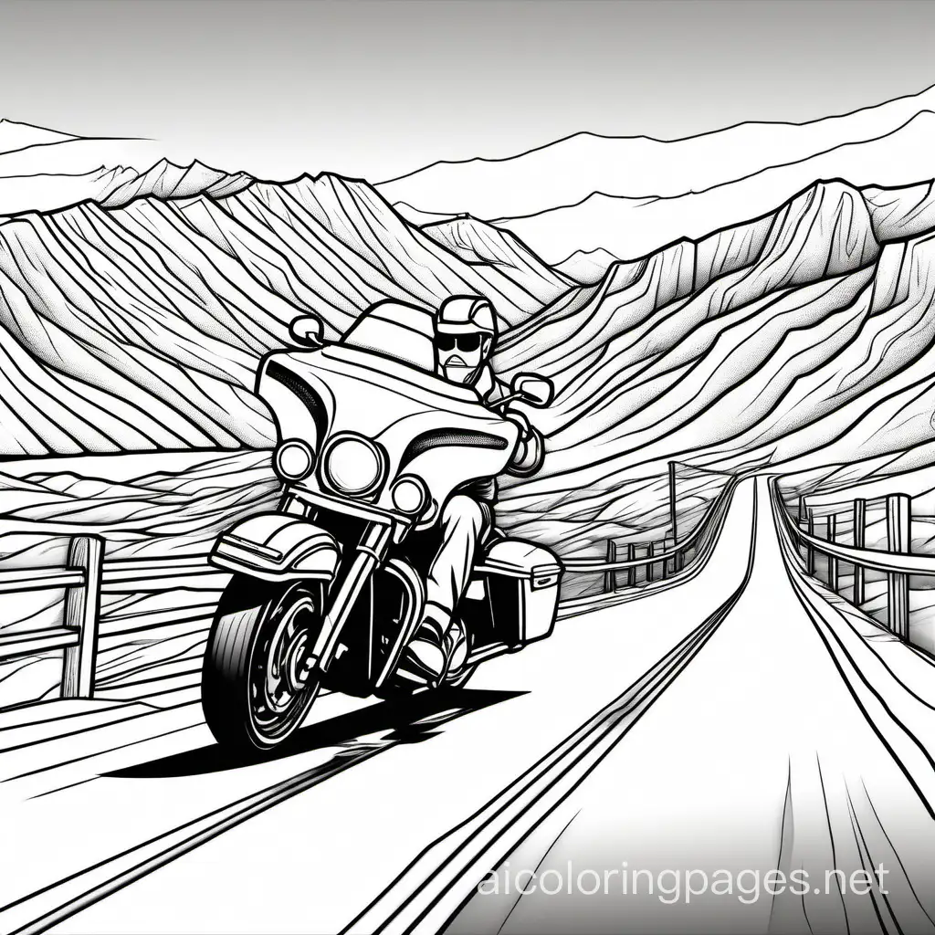 Harley motorcycle on deserted American highway, mountains in the back, no driver, line art, no fences, wide and desolate, Coloring Page, black and white, line art, white background, Simplicity, Ample White Space. The background of the coloring page is plain white to make it easy for young children to color within the lines. The outlines of all the subjects are easy to distinguish, making it simple for kids to color without too much difficulty