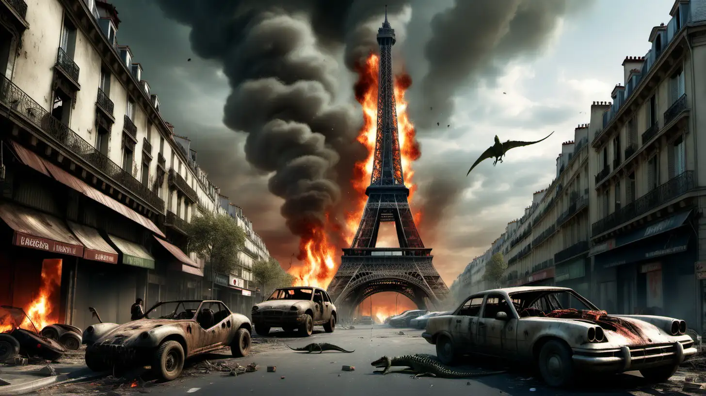 Eiffel Tower in a post-apocalyptic setting with fire, damaged cars, and a crocodile in the street ::