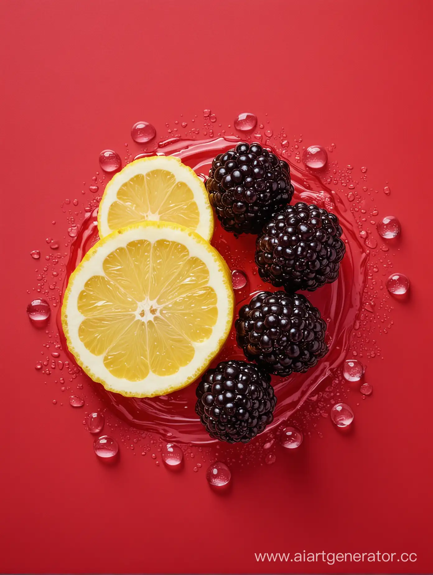 Boysenberry with lemon slices water drop on RED background