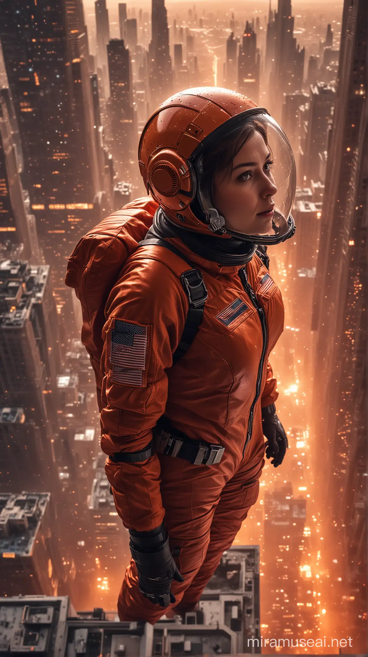 Top angle,view from top,ultra close up,a woman wearing some kind of space helmet and red spare suit,floating in the air over a city's high building,surrounded by orange light particles over a high building backdrop,Photo realistic,dark apocalypses battle field backdrop, cinematic, HDR.