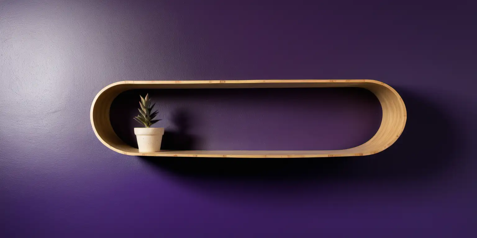A long floating shelf, made from bamboo ply, a single curved piece shaped like an oblong, with top and bottom shelves, small items on shelf for decoration. Wall painted textured purple