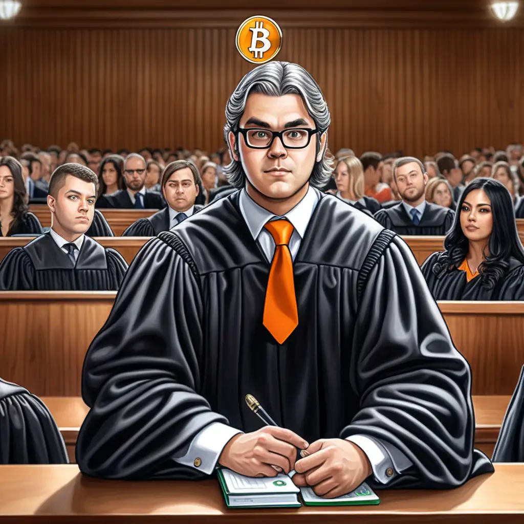 an  fully dressed judge witha on his sit with every other person in the  bitcoin themed court