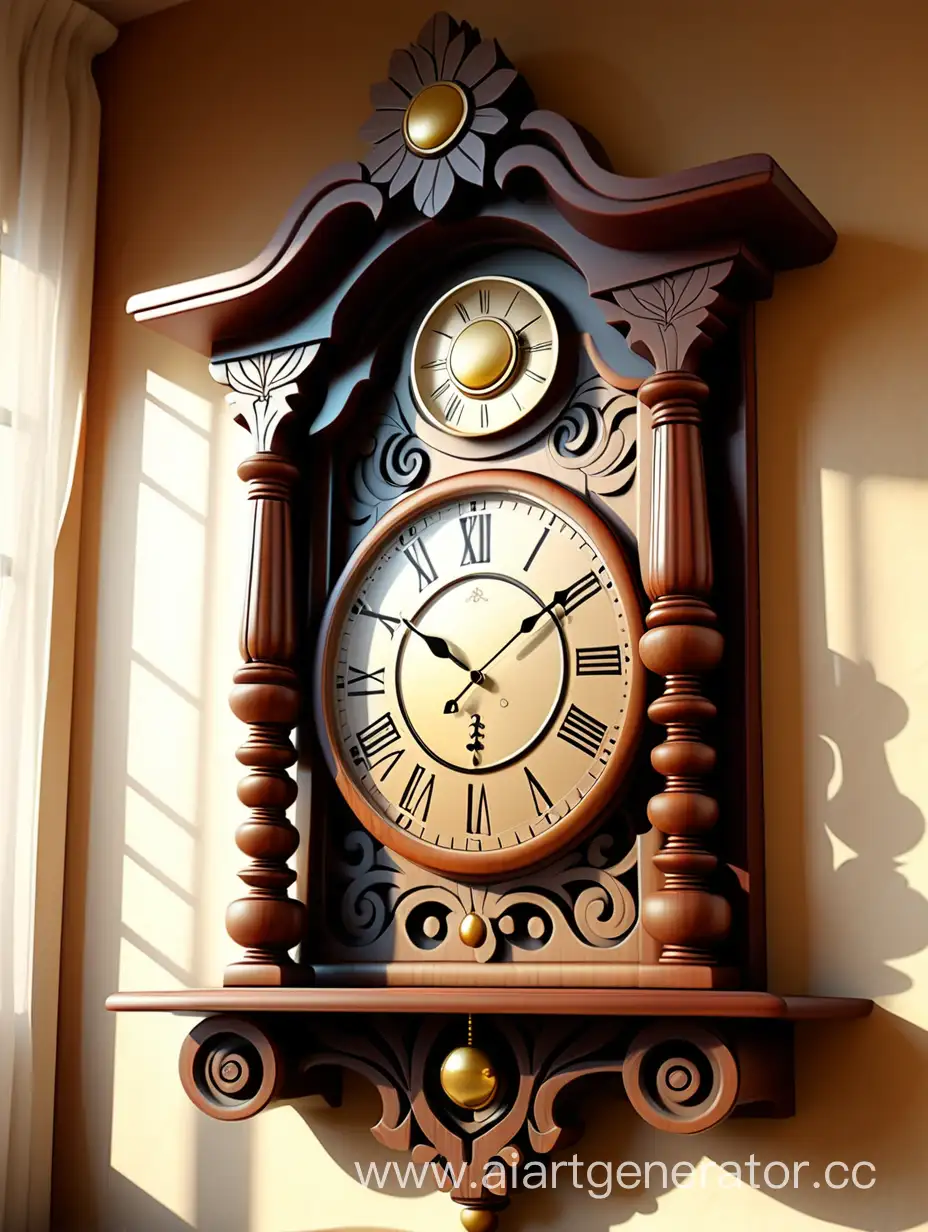 Antique-Wooden-Wall-Clock-with-Pendulum-in-Sunlit-Room