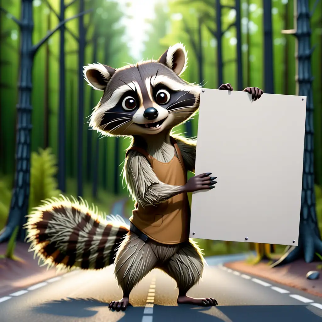 Racoon holding a big blank sign in the background a forest with road