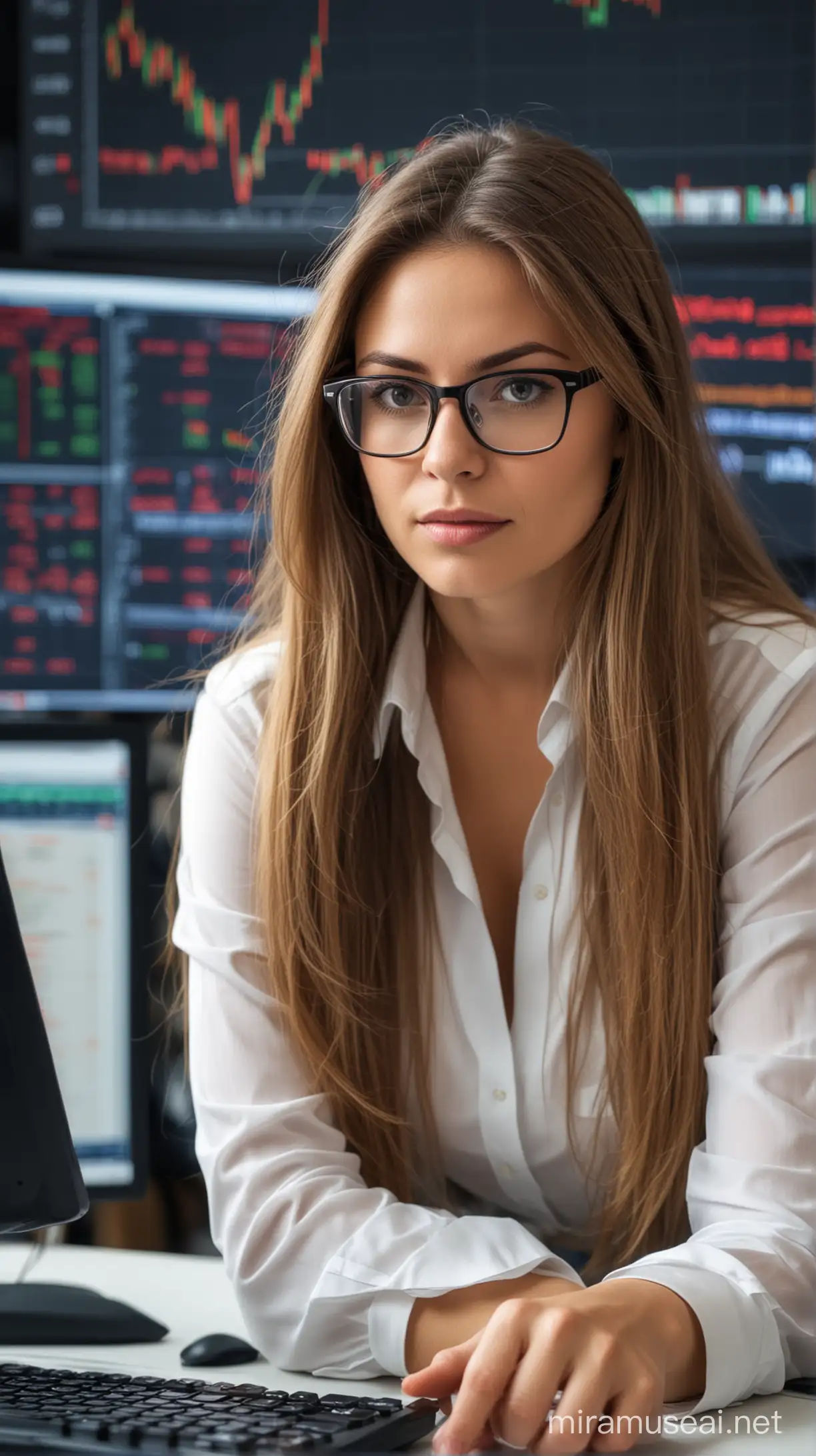Traderka kobieta  przy komputerze w okularach , długie włosy , rynki finansowe ,pracuje 

