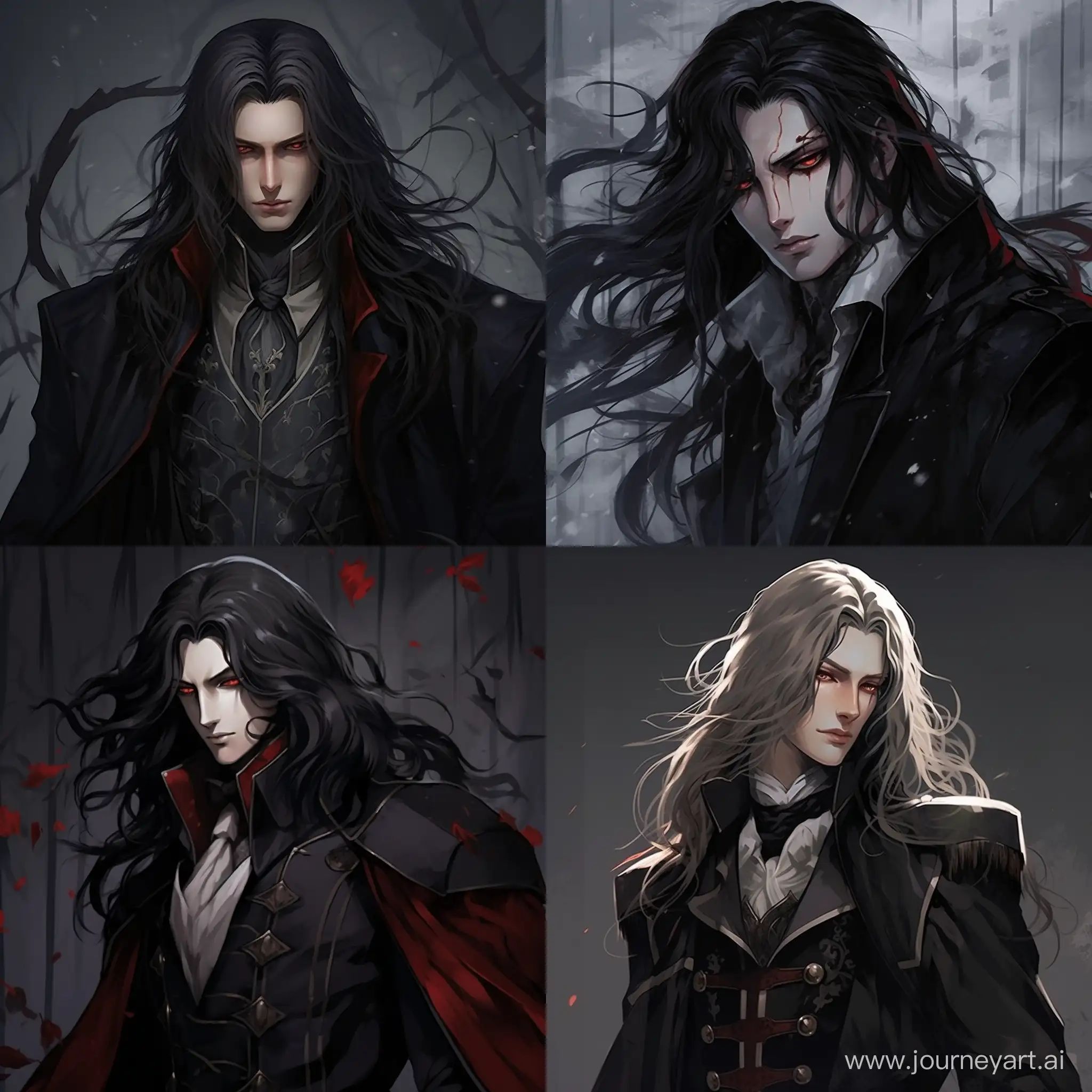 (((front view))), (((side view))), (((back view))), Long hair, vampire lord, male, handsome, green eyes, Alucard Hellsing, Vlad the Impaler