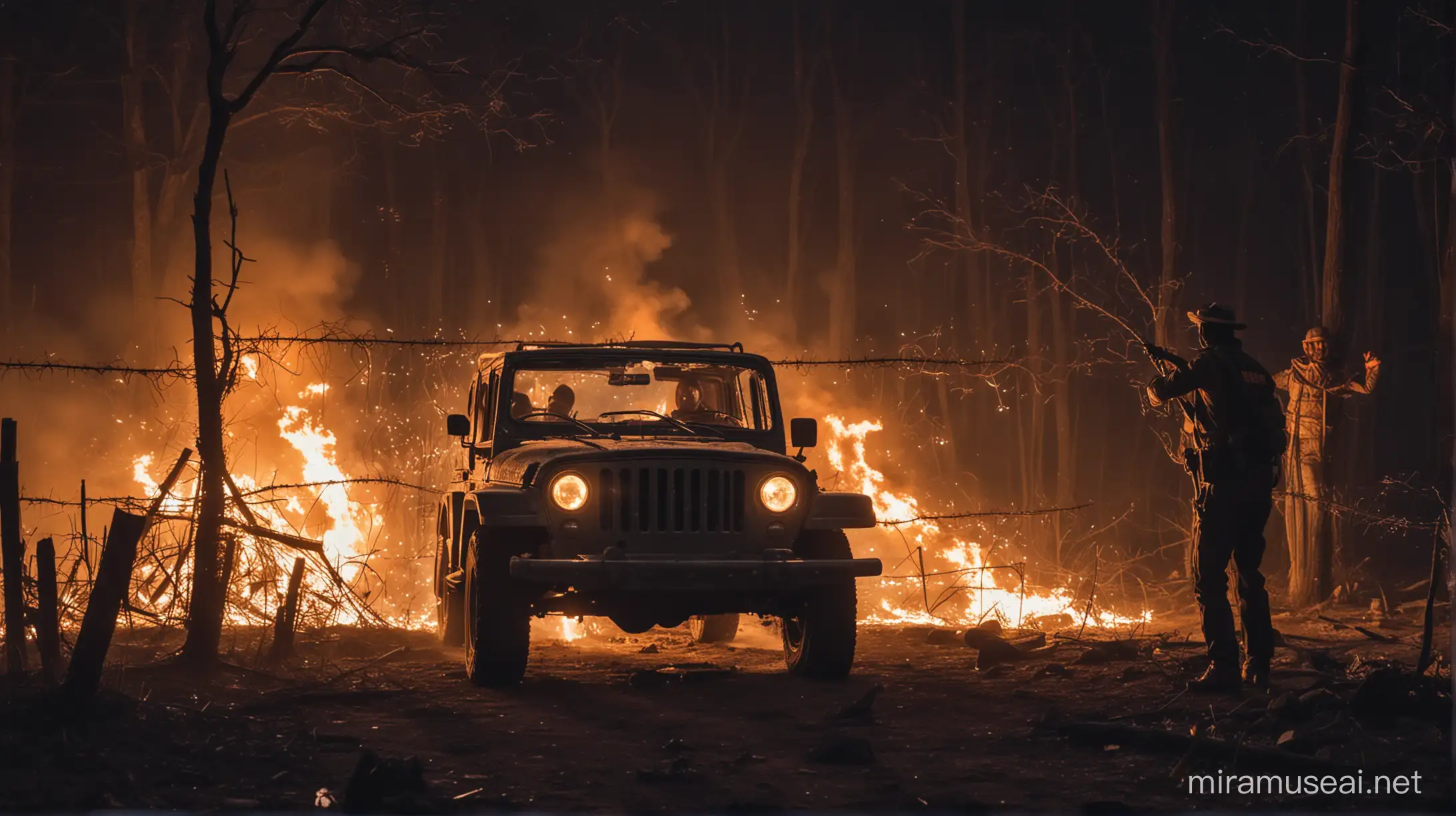 Indian mysterious forest night, Breaking the barbed wire fences action seen, jeep  driving fighting. Forest ranger, fire. 