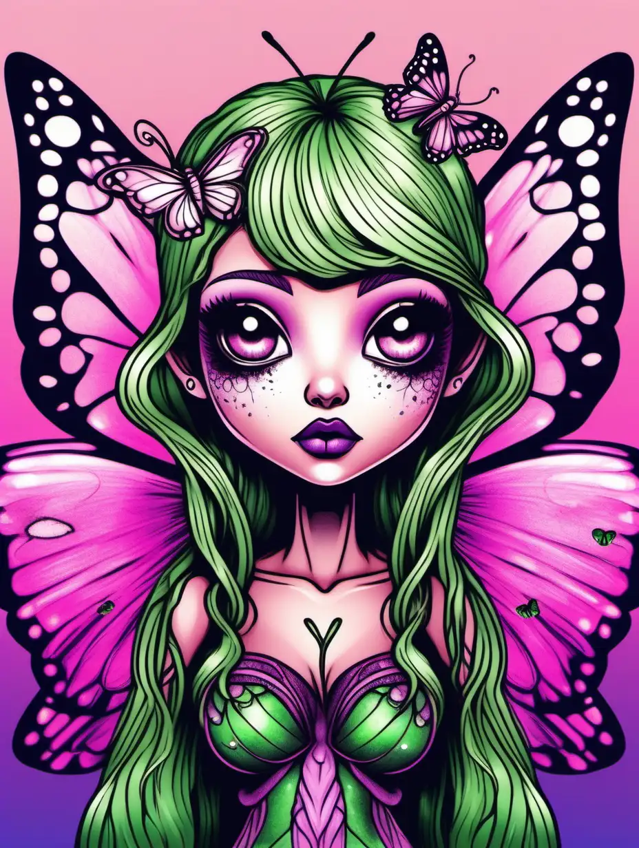Enchanting Fairy Doll with Green and Pink Butterfly Wings on Purple Background