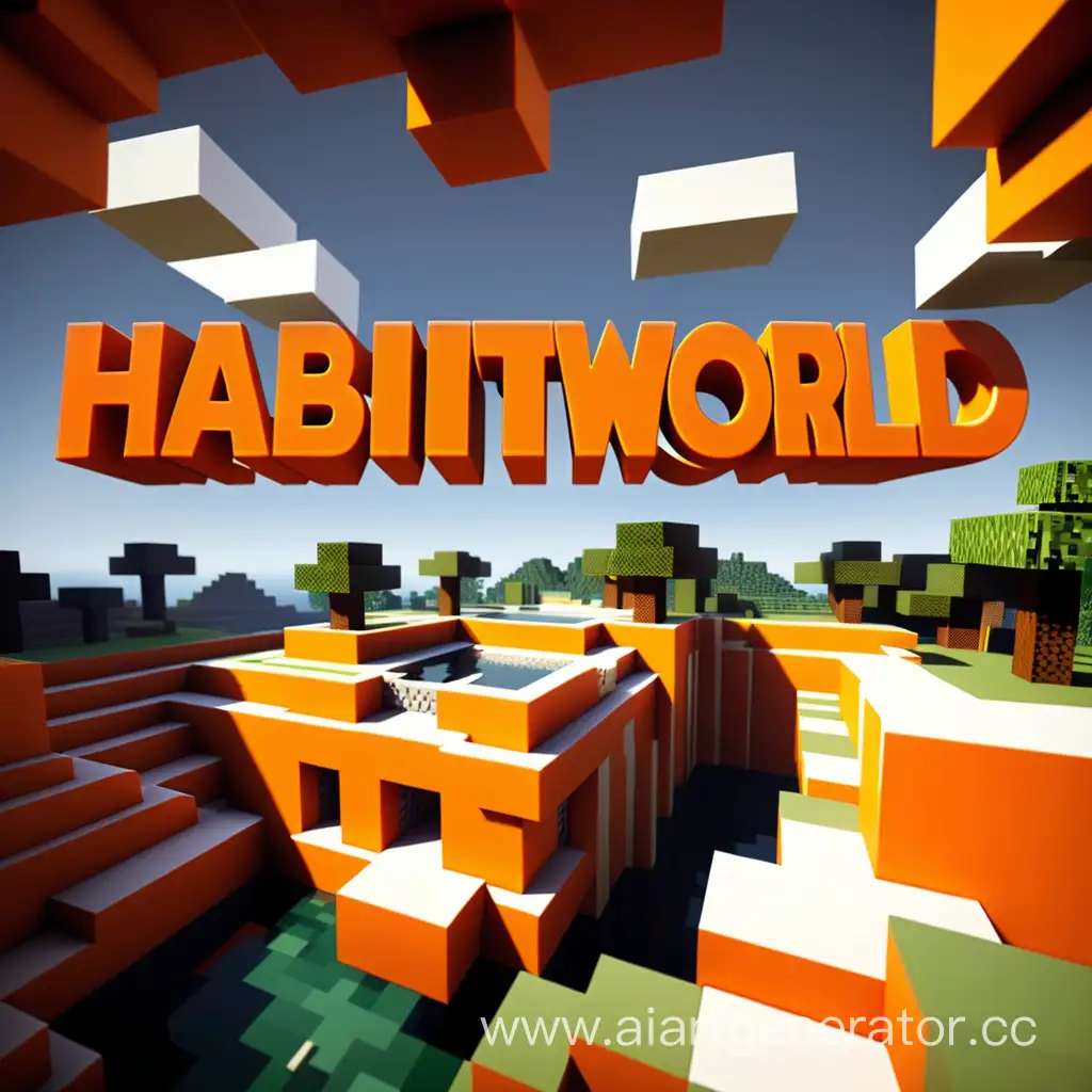 текст "HabitWorld" в стиле Minecraft в оранжево-белом цвете