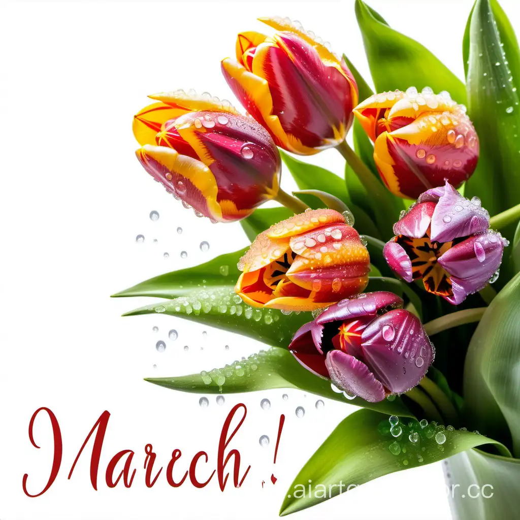 весенние тюльпаны с крупными бутонами покрытые росой, крупным планом, большой букет, воздух, на белом фоне в правом верхнем углу изящная надпись: с 8 марта!