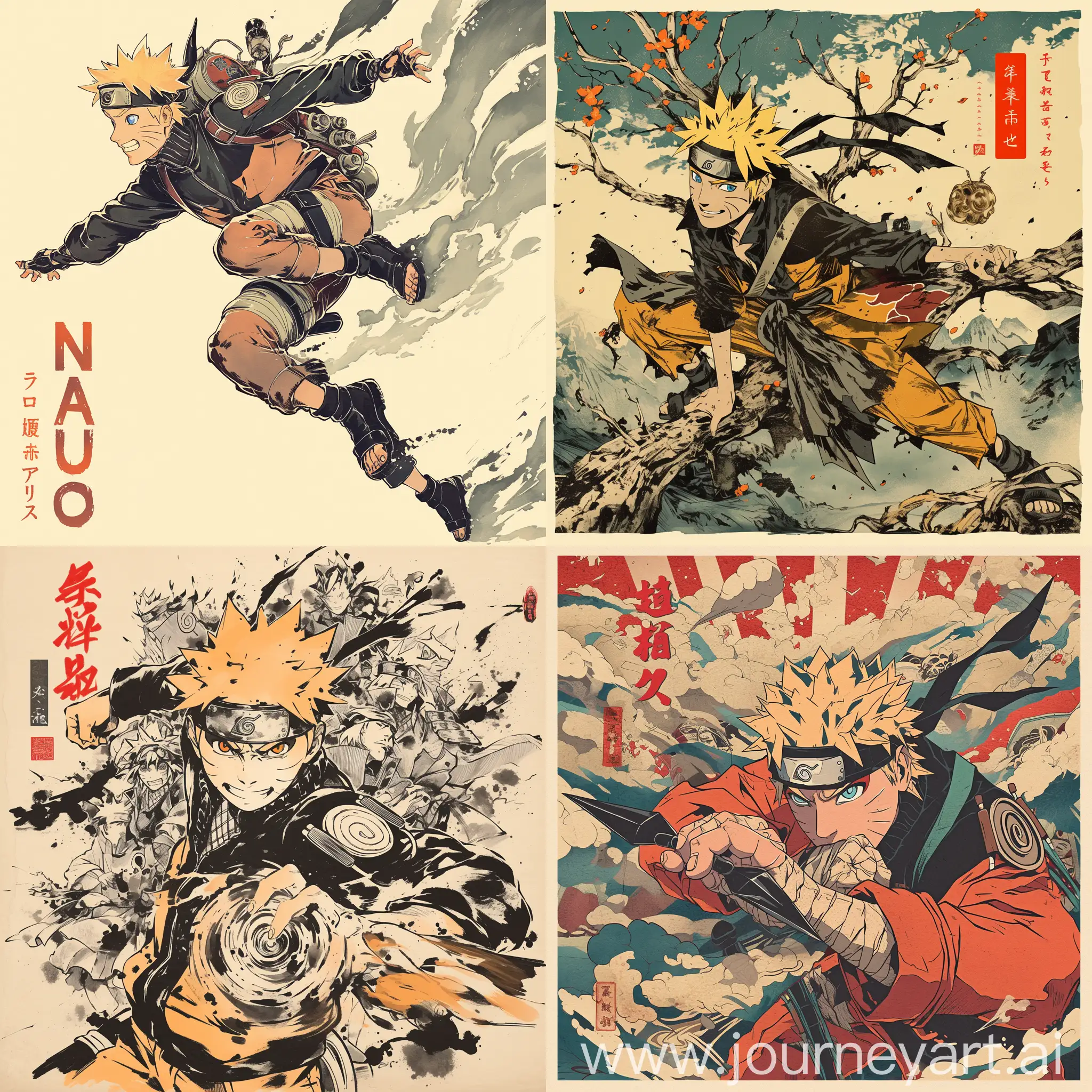 {Naruto}, {Naruto/Naruto}, in the style of a Sumi-e Ink poster design, meticulously detailed, heroic masculinity --niji 6