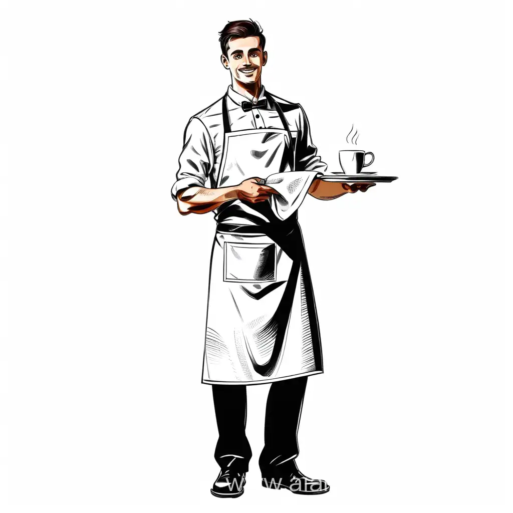 Нарисованный официант приглашающий в кафе в рост на белом фоне. В фартуке и с полотенцем на руке