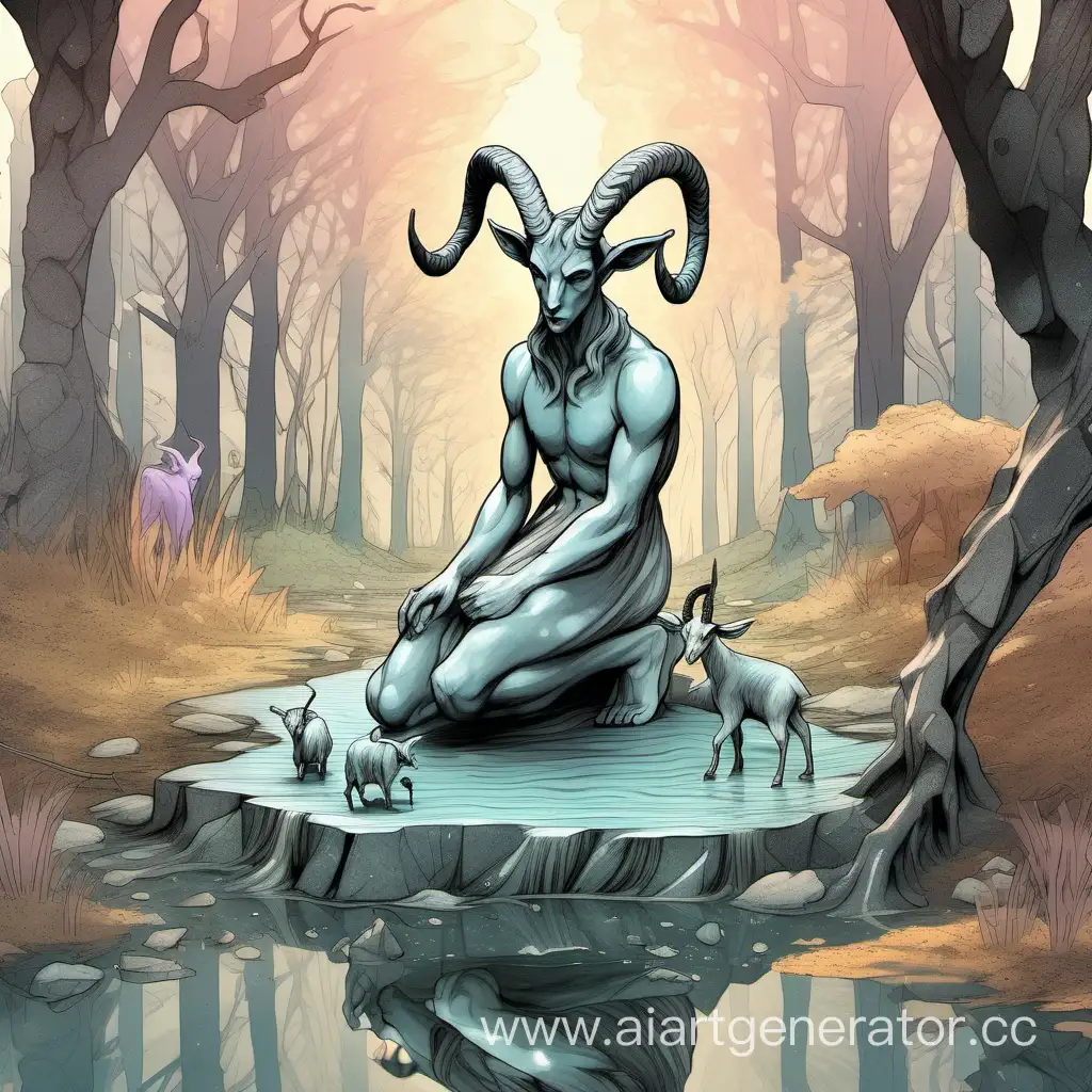 Fantasy-Faun-Stone-Statue-Crying-in-Enchanted-Forest-Setting