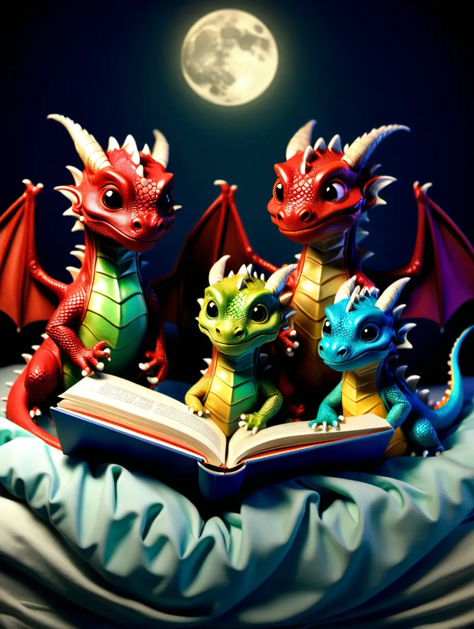 three tiny little dragons laying in a bed being read a bedtiime story