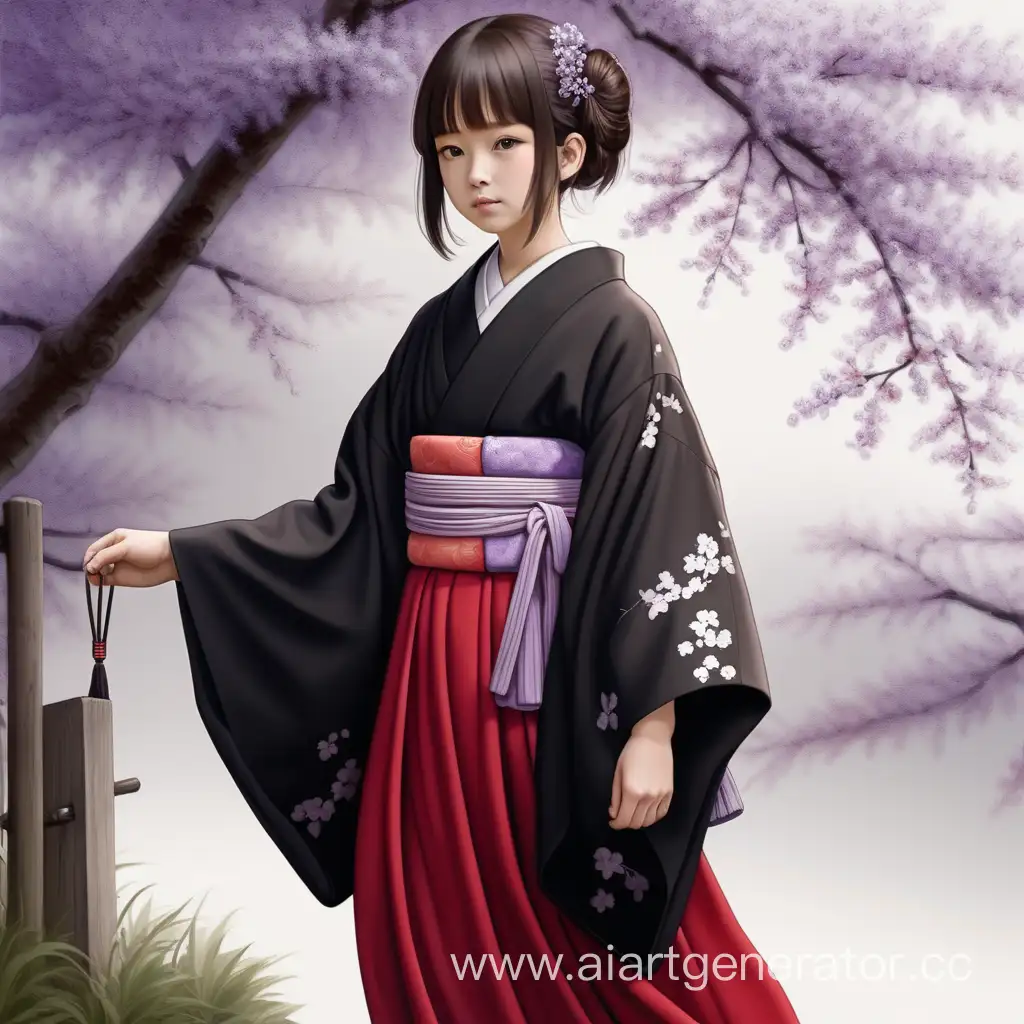 Молодая девушка. Японка. Сиреневое кимоно. Красная юбка. Поверх кимоно чёрный халат. 